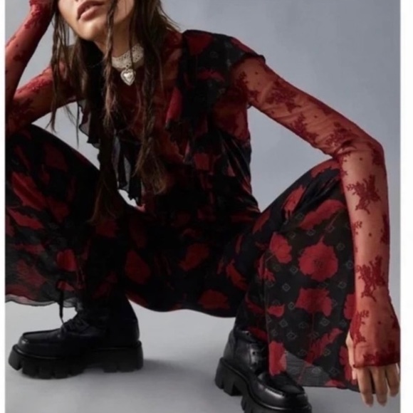 FREE PEOPLE AUSTYN FEMME FLORAL FLARE WIDE LEG RUFFLE TRIM JUMPSUIT SIZE S - Picture 4 of 11